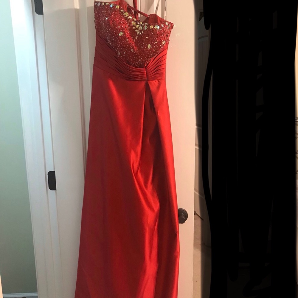 Red beaded prom dress